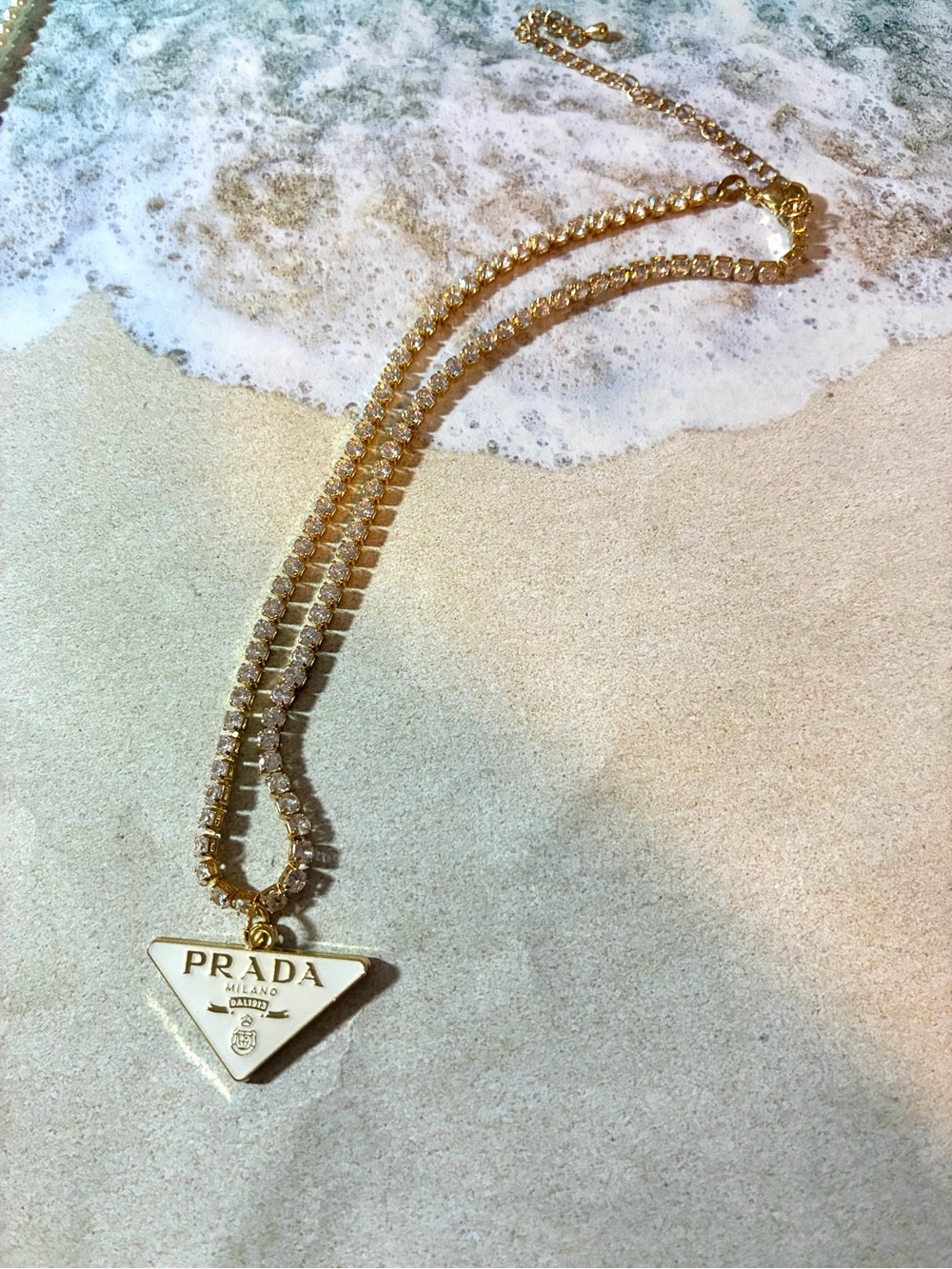 Gold Tennis Chain Necklace with White Triangle Enamel Logo Pendant